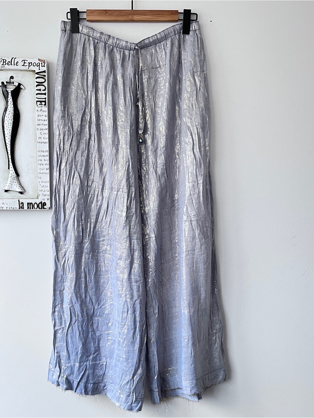 Ashro Blue Gold Metallic Shimmery Boho Drawstring Waist Wide Leg Pants Size S